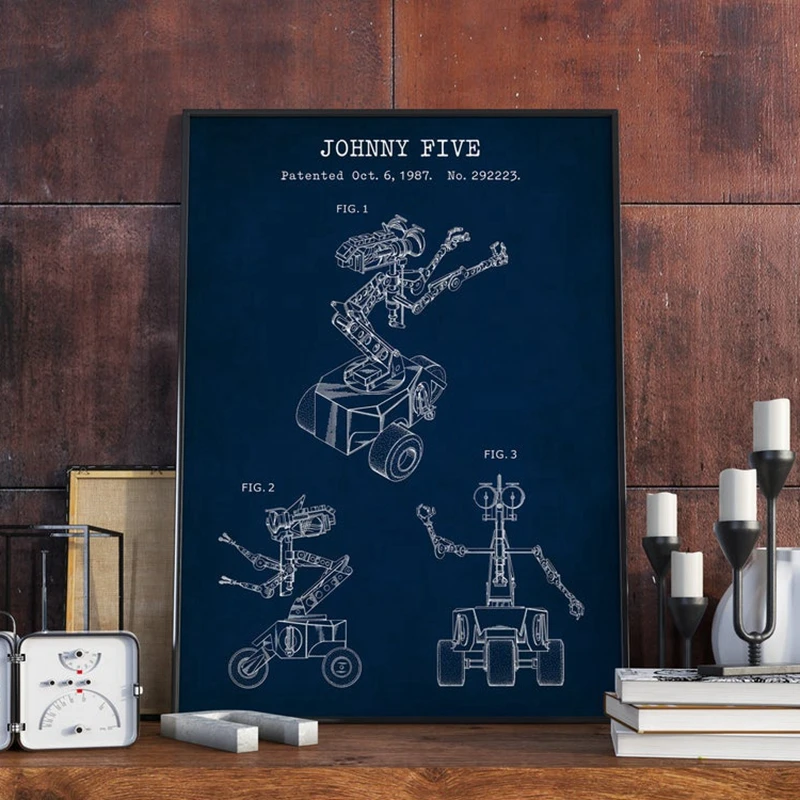 Short Circuit Movie Johnny 5 Patent Vintage Poster Prints Robot Blueprint Sci Fi Wall Art Canvas Painting Pictures Home Decor