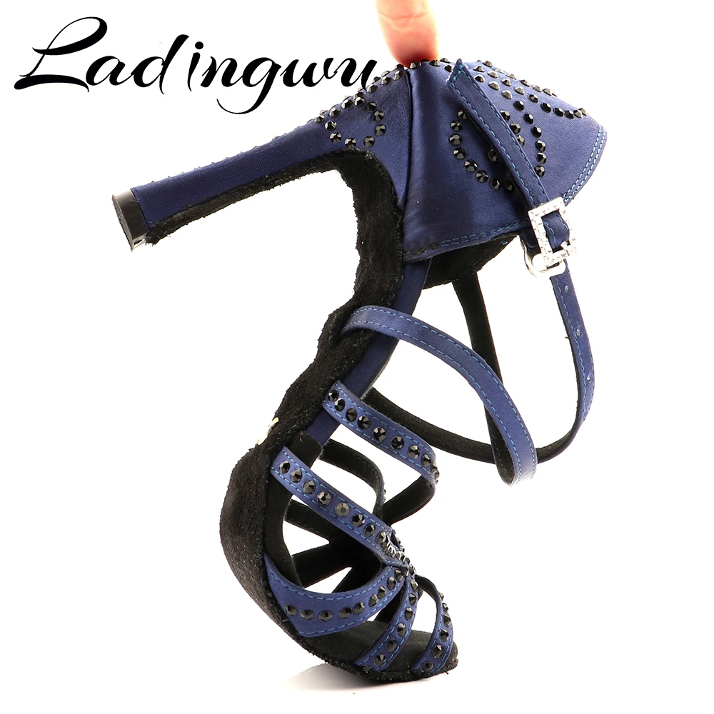 Ladingwu Women's Navy Blue Satin Latin Dance Shoes Salsa Ballroom Sports Sandals Heel for Girls