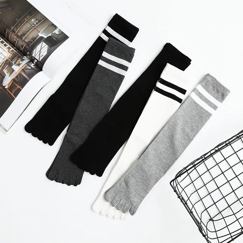 3 Pairs Long Black White Calf Socks Five Finger Cotton Stockings for Women Girls Striped Split Toe Sport Knee Socks Five Fingers