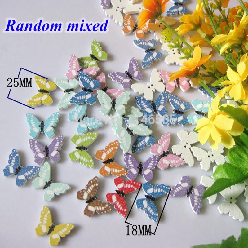 50pcs/lot Mixed Butterfly Buttons bulk Sewing Wood Buttons For craft Scrapbooking accessories Wooden Cartoon Buttons