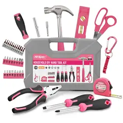 Hi-Spec 42pc Pink Hand Tool Sets Household Home Repair Tool Set Screwdriver Tool Box Set Scissors Claw Hammer Tools For Home Use