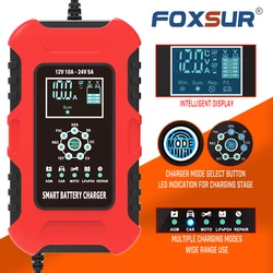 FOXSUR Car Battery Charger 12Volt  24V 10A 7Stages AGM LiFePo4 Lead Acid Gel Wet Motorcycle Fast Automatic Pulse Repair Charging