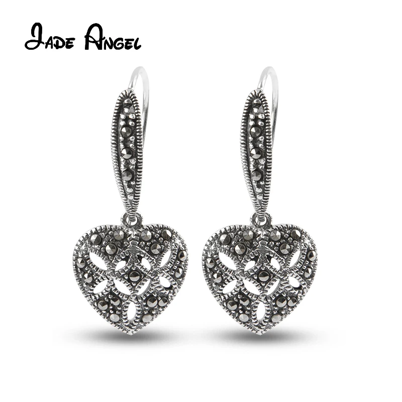 

Jade Angel 925 Sterling Silver Openwork Pattern Heart Dangle Earrings Vintage Marcasite Ear Drop for Women Party Banquet Gift