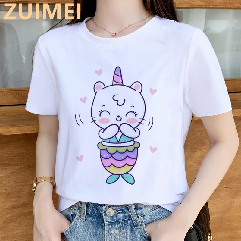 Cute Unicorn Cat Mermaid Summer Women's T-shirt Casual ladies basic O-collar Short Sleeved White Women's T shirt Girl,Drop Ship