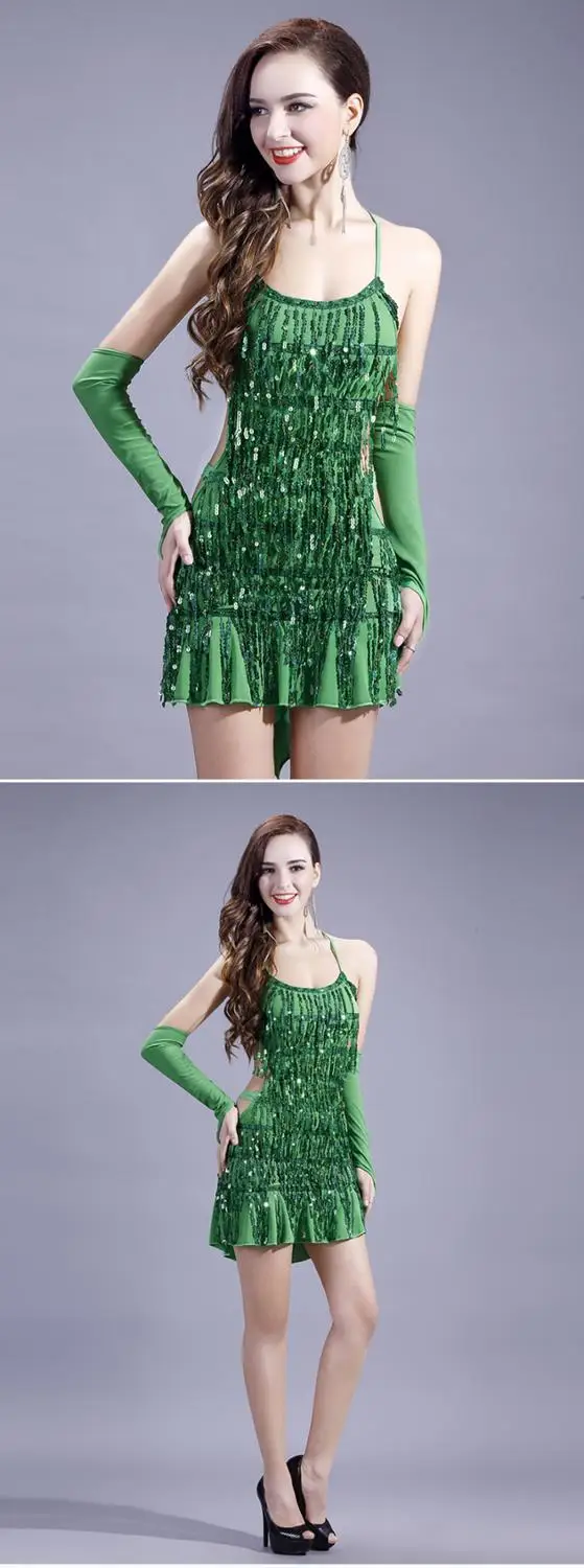 CACARE Sequins ชุดเต้นรำละตินผู้หญิงละตินเต้นรำการแข่งขันชุด Fringed Salsa 7 Choices D0334 Ruffled Hem Backless