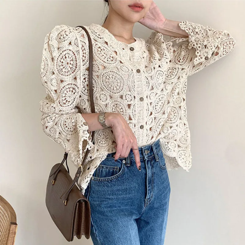 Hollow Out Hook Flower Knitted Cardigan Elegant V-neck Casual Women\'s Sweater Chic Button Split Puff Sleeve Femme Jacket