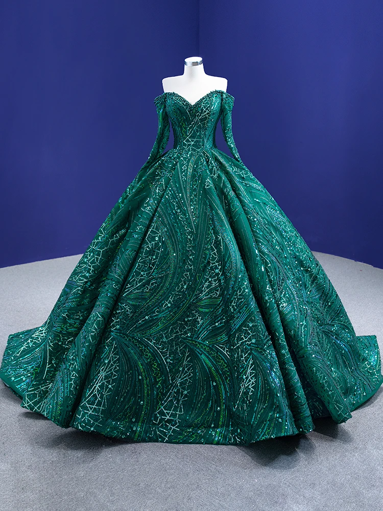 

RSM67368 Luxury Dubai Evening Dresses Dark Green Sheer Long Sleeves Lace Appliques Ball Gown Prom Dresses