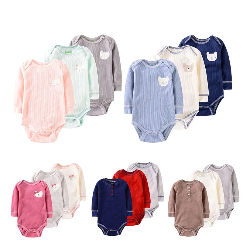 Newborn Girls Boys Clothes Long Sleeve Three-piece Suit Cotton Waffle Baby One-piece Romper