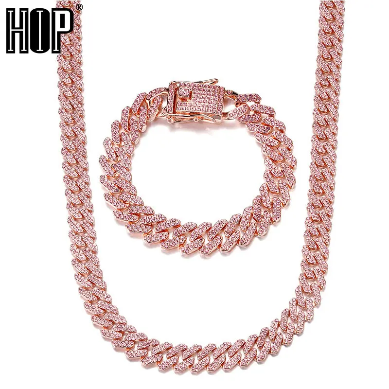 Hip Hop 12MM Prong Cuban Chain Full Iced Out Paved Pink Rhinestones Miami CZ Bling Rapper Necklaces Bracelets For Women Jewelry