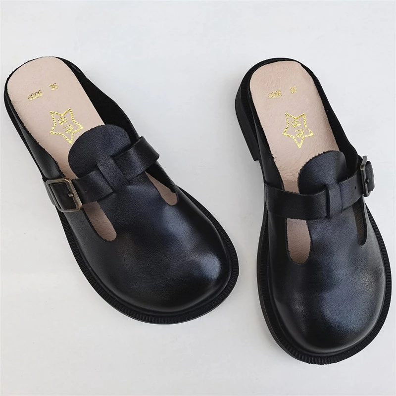 Careaymade-Genuine leather shoes versatile casual half slippers women's original leather big head round slipper single shoes