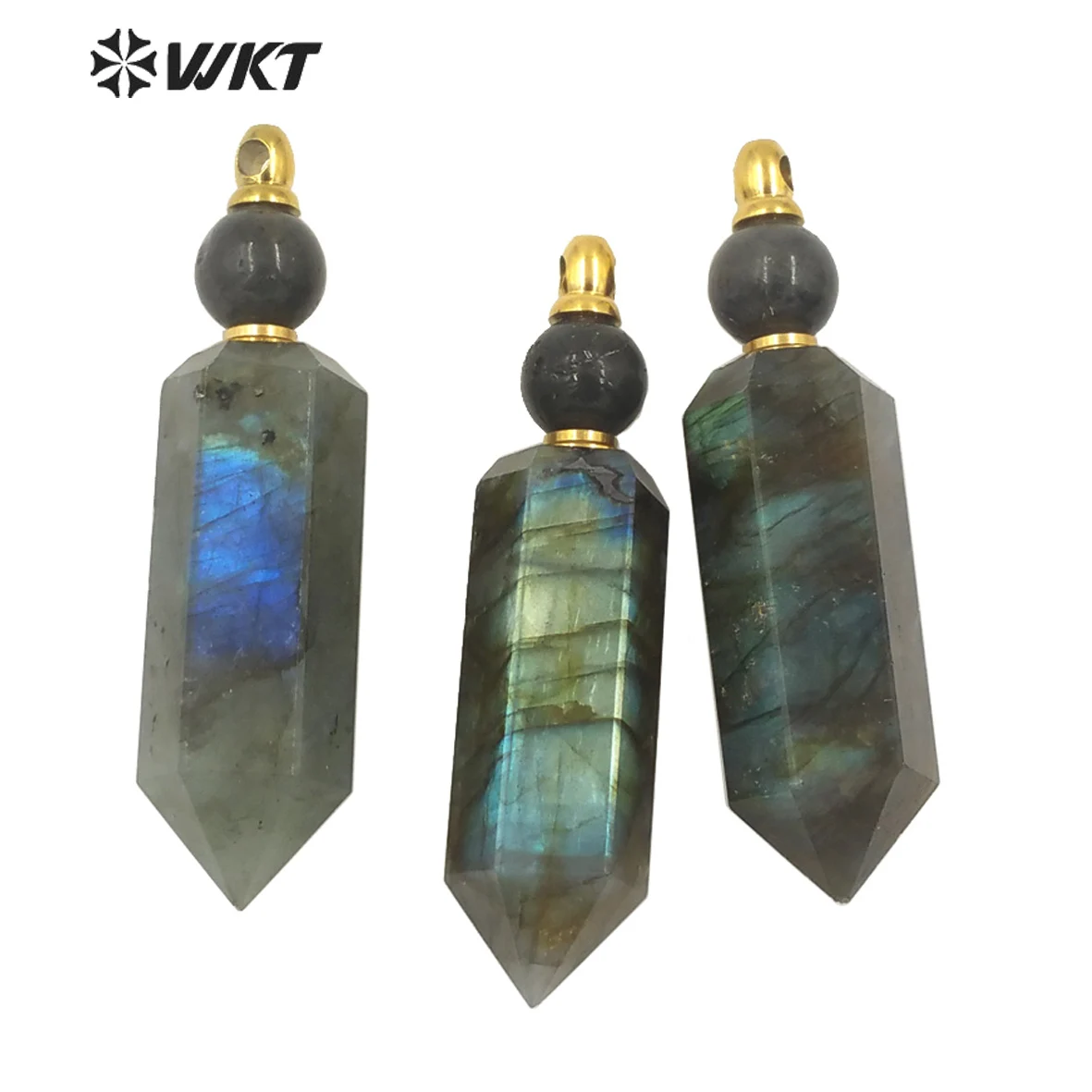 WT-P1618 Wholesale Women Green Perfume Bottle Pendant Flashing Natural Labradorite Hexagon Cube Spirit Point Pendant