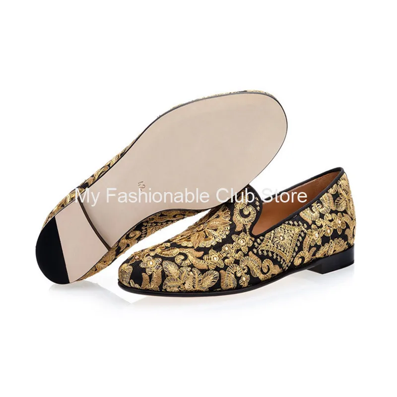 Embroidered Leather Shoes Men Dress Fashion Gold Flower Leaf Casual Moccasin Slip On Loafers Breathable Comfotable Driving Shoes