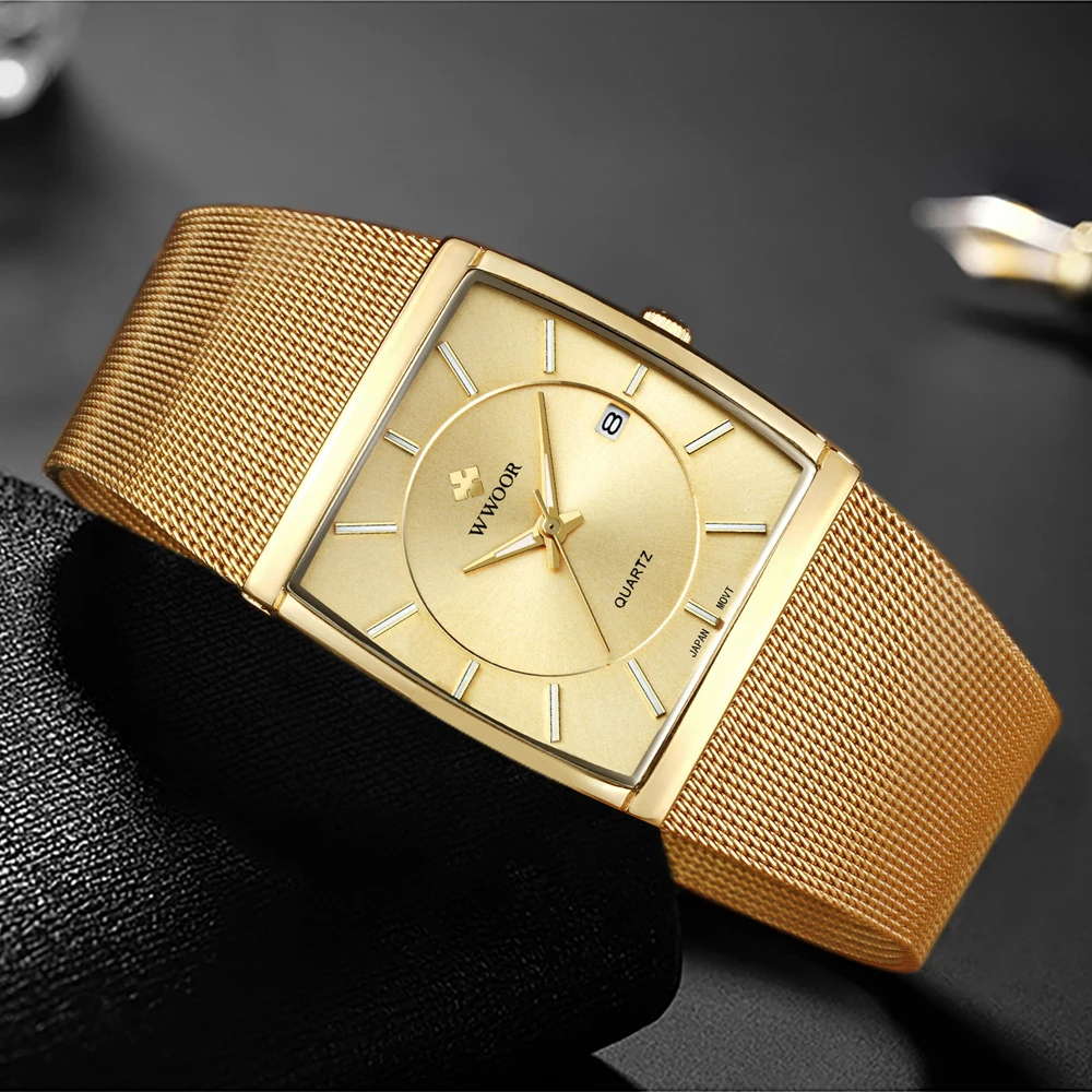 Mens Watches WWOOR Brand Luxury Ultra-thin Mesh Belt Gold Square Quartz Wristwatch Fashion Business Waterproof Relogio Masculino