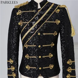 Chaqueta Steampunk con lentejuelas negras para hombre, Blazer con cuello alto, diseño de borlas, trajes de fiesta en club nocturno, baile de graduación, Rock and Roll, 3XL