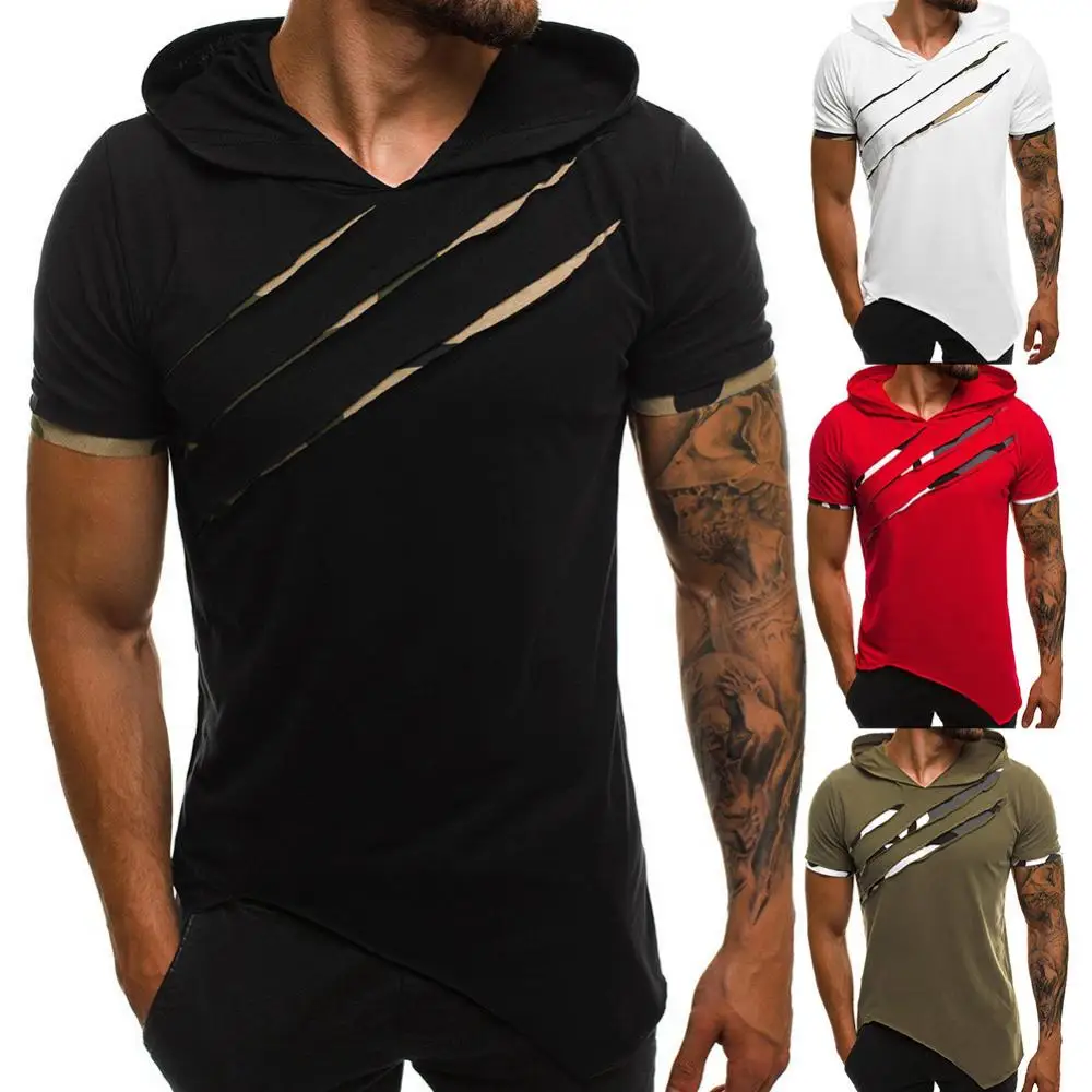 Men T-Shirts Casual Ripped Short Sleeve Ripped Irregular Hem Slim with Hood T-shirt Fitness Hoodie Summer 2021