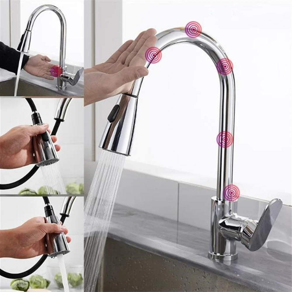 Smart Touch Sensor Faucets For Kitchen Sink Chrome Brass Pullout Hot And Cold Water Mixer Faucet 2 Mode Sprayer 360 Rotation