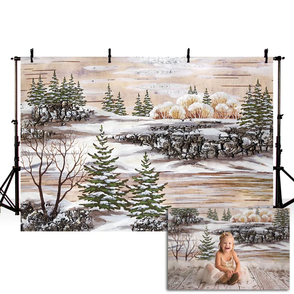 

Mehofond Winter Forest Backdrop Hand Painted Wasteland Snow Rock Christmas Baby Portrait Photography Background for Photo Studio