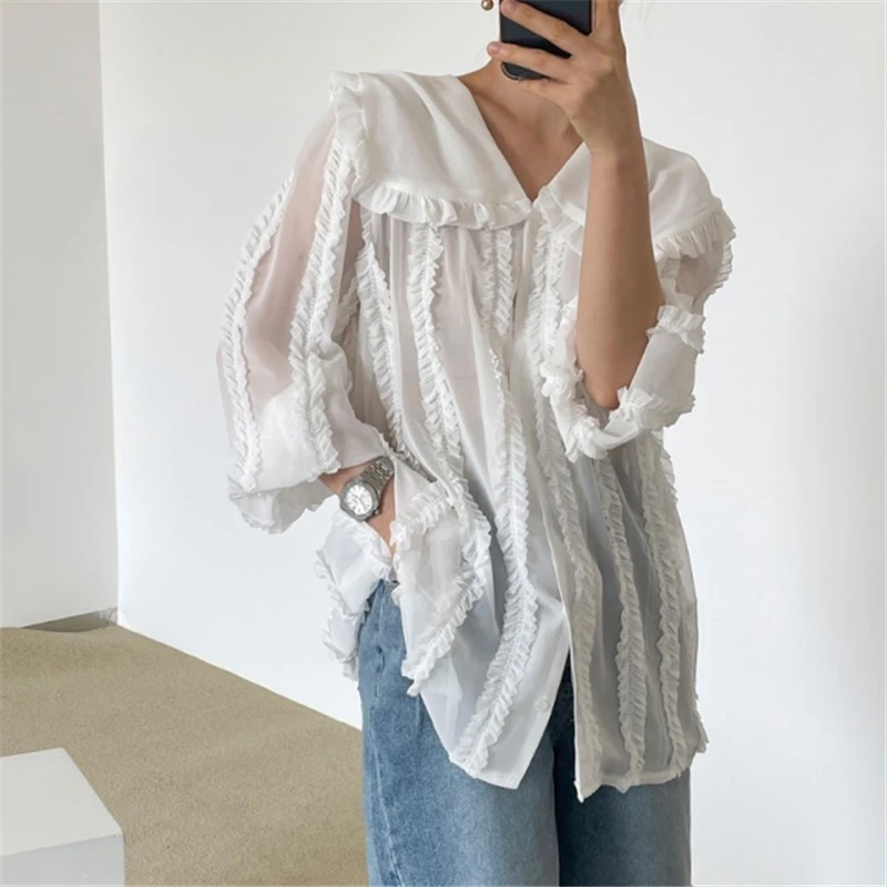 CHEERART Sailor Collar Long Sleeve See Through Shirt Fall 2021 Womens Fashion Top Chiffon Lace White Black Shirt New Blouses