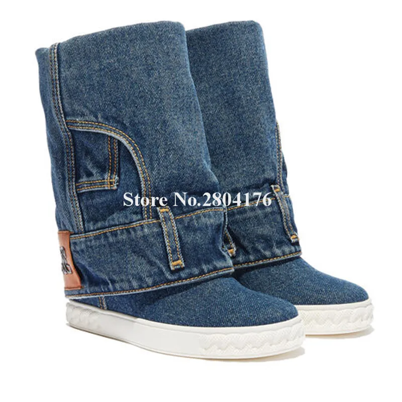 

Western Fashion Women Round Toe Blue Denim Inside Wedge Heel Short Boots Height increased Jean Mid-calf Boots Runway Boots