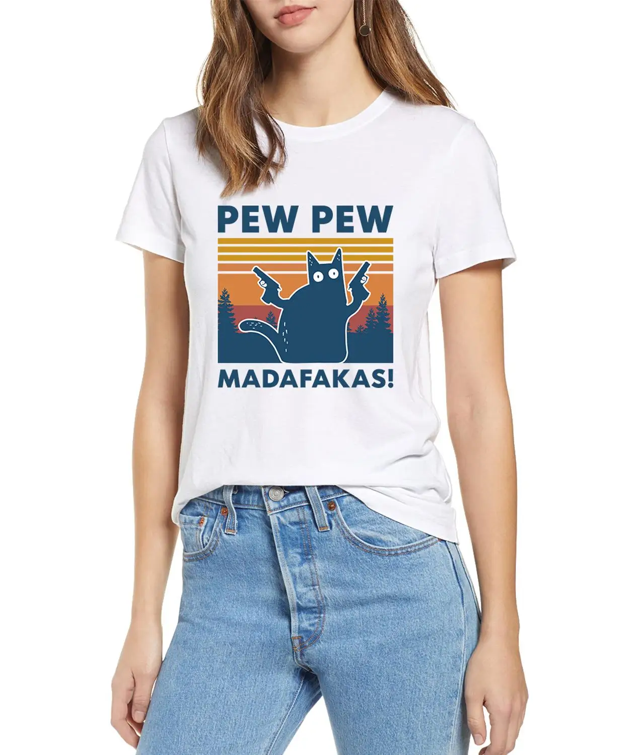 Black Cat Pew Pew Madafakas Funny Cat Gangster With Gun Meme Retro Women\'s Short Sleeves T-Shirt Humor Gift Tops Tee,Drop Ship