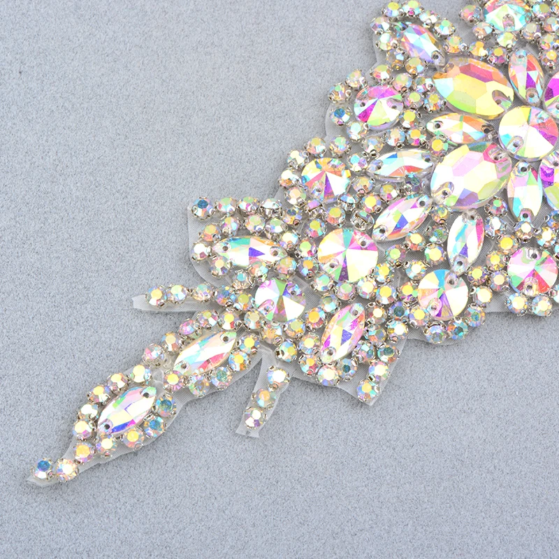 JUNAO 90*240 مللي متر 1 قطعة الخياطة كريستال AB زهرة حجر الراين زين بقع الإصلاح الحديد على كريستال ستراس الأحجار الكريمة الزخارف فستان الزفاف #3
