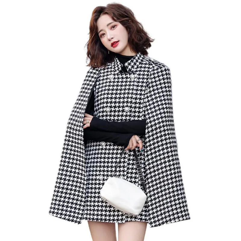 

Autumn Winter Vintage Houndstooth Double-Row Pearl Buckle Woolen Cloak Coat Women Elegant British Style Wool Overcoat s1748