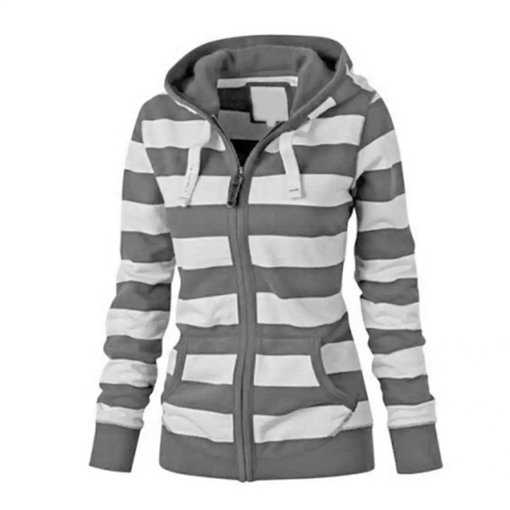 Women Sweatshirt Striped Hooded Autumn Winter Drawstring Pockets Long Sleeve Zipper Tops Hoodie for Sports