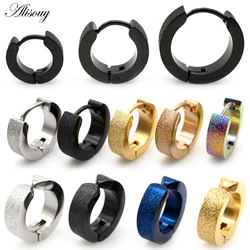 Alisouy 2pcs Punk Frosted Scrub Women Men Small Huggie Ear Earrings Stainless Steel Round Smooth Circle Hoop Earrings Jewelry