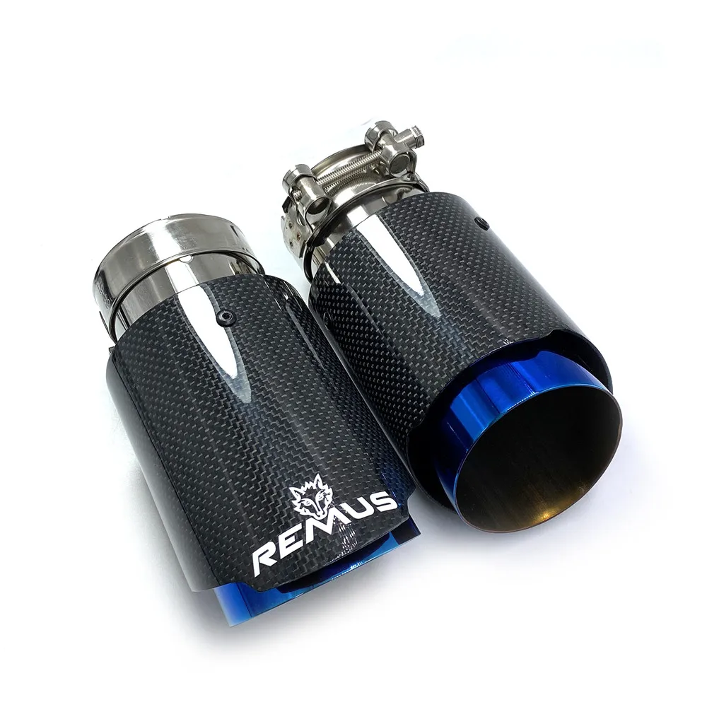 1PCS Car Exhaust Tail Pipe Glossy Carbon Tail End Blue Stainless Steel Straight Muffler Tip Flange With Remus Logo For Bmw F30