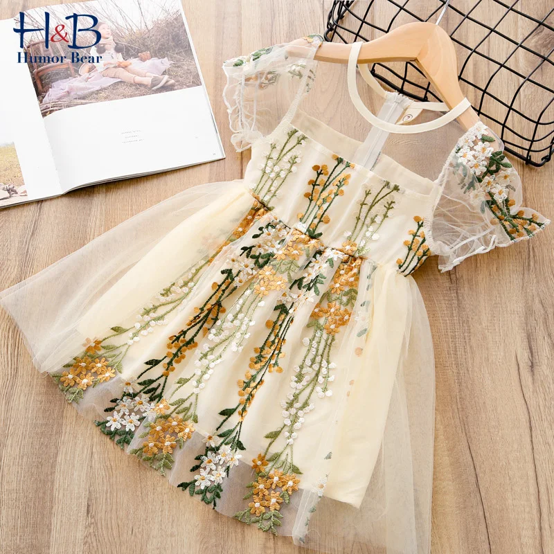 

Humor Bear Summer Elegant Girl Princess Dress Embroidered Mesh Birthday Party Toddler Dresses Kid Dresses for 3-7 Years old