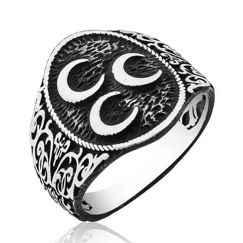 Silver Three Crescent Men's Ring - 925 Sterling Men's Jewelry Wedding Birthday Gift - Box - Male - Fashion - Botiva - Size - Turkish - Patterned Embroidery