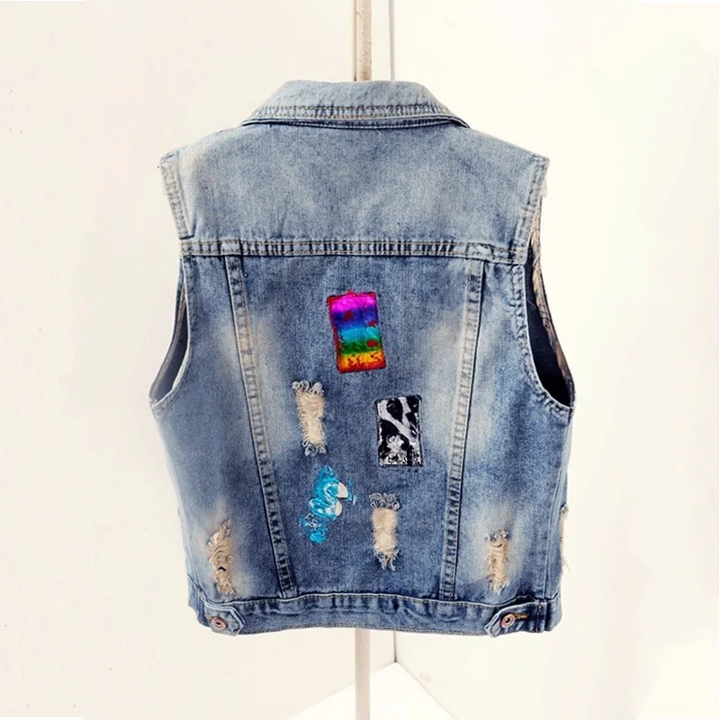 

Casual Women Slim Fit Short Denim Sleeveless Jacket Spliced Hole Ripped Jean Vest Streetwear Tops Female Cowboy Waistcoat Vests