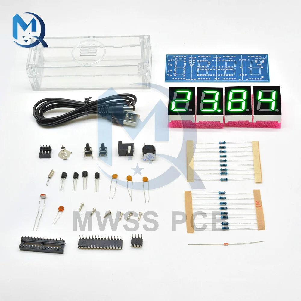 4-Digit LED Digital Electronic Temperature Clock DIY Kit Electronic ClockTime Light  LED Microcontroller With Transparent Case