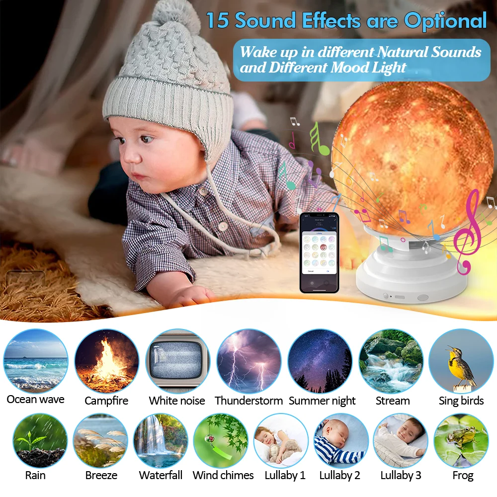3D Moon Lamp White Noise Night Light Adjusted Speed Smart App Touch Galaxy Levitating with Remote Control 360°Flexible Rotation