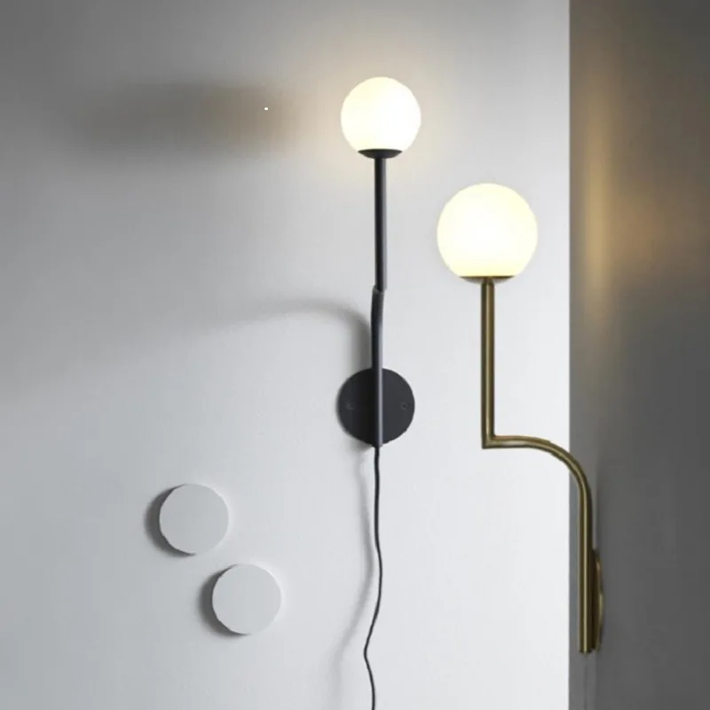 Nordic Wrought Iron Matte Black / Gold Wall Lamp with Milky White Glass Ball E27 LED Wall Sconce Plug in Type for Aisle Corridor