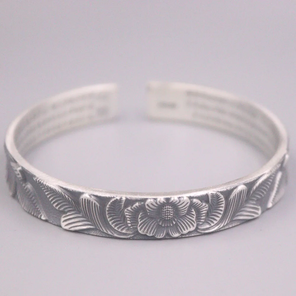 

Fine Pure S999 Sterling Silver Bangle Women 10mm Flower Link Bracelet 56-60mm 37-38g