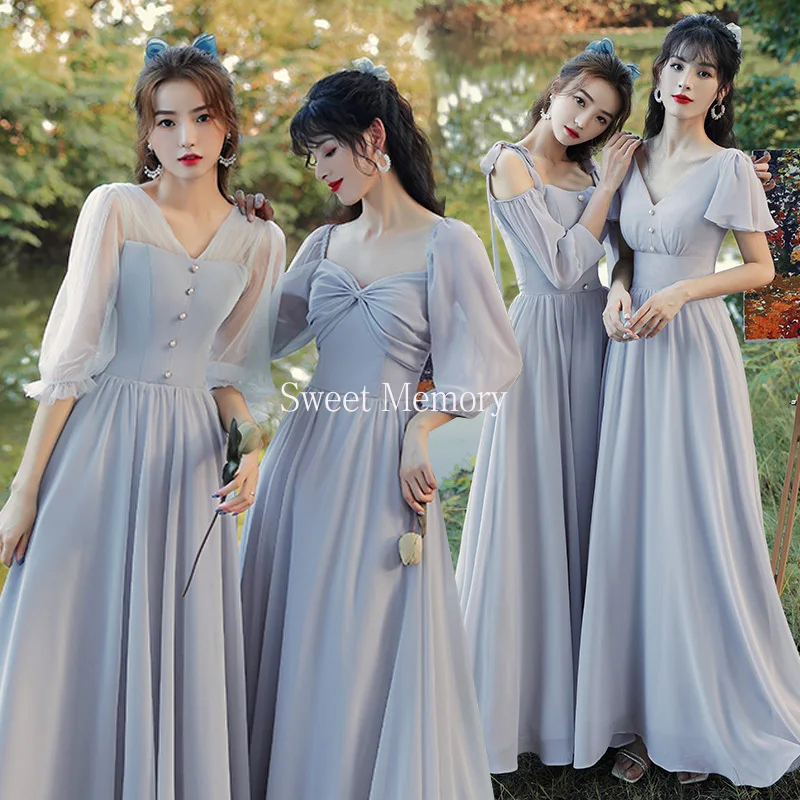 Elegant Women A Line Chiffon Long Gray Bridesmaid Dresses Graduatin Vestidos Birthday Prom Gown Lace Up Back Wedding Party Dress