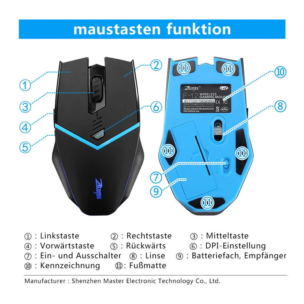 Mouse da gioco Wireless Computer ricevitore Wireless Mouse PC Mause Mouse ergonomico 2400DPI Mouse ottico USB a luce blu per Laptop