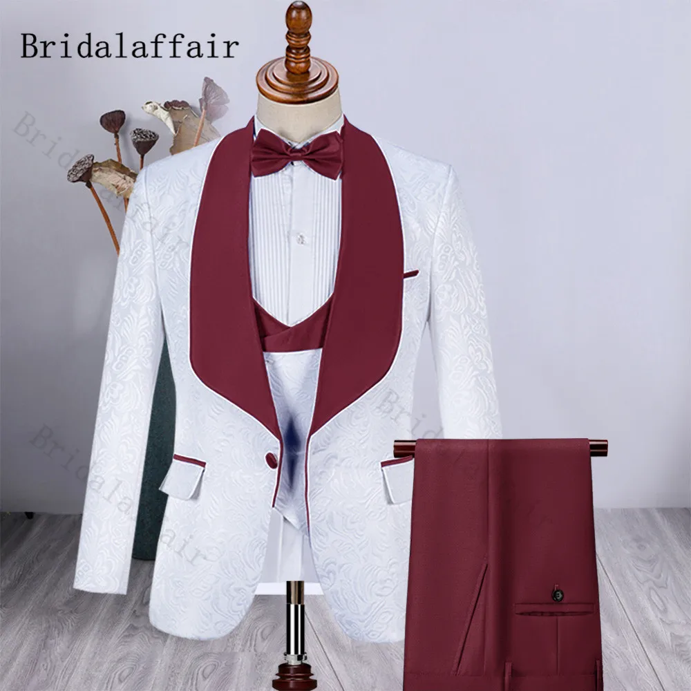 

Bridalaffair Burgundy Lapel Jacquard Tuxedos Groomsmen Wedding Suits 3 Pieces set Costume Homme Blazer Back Design with 2 Vents