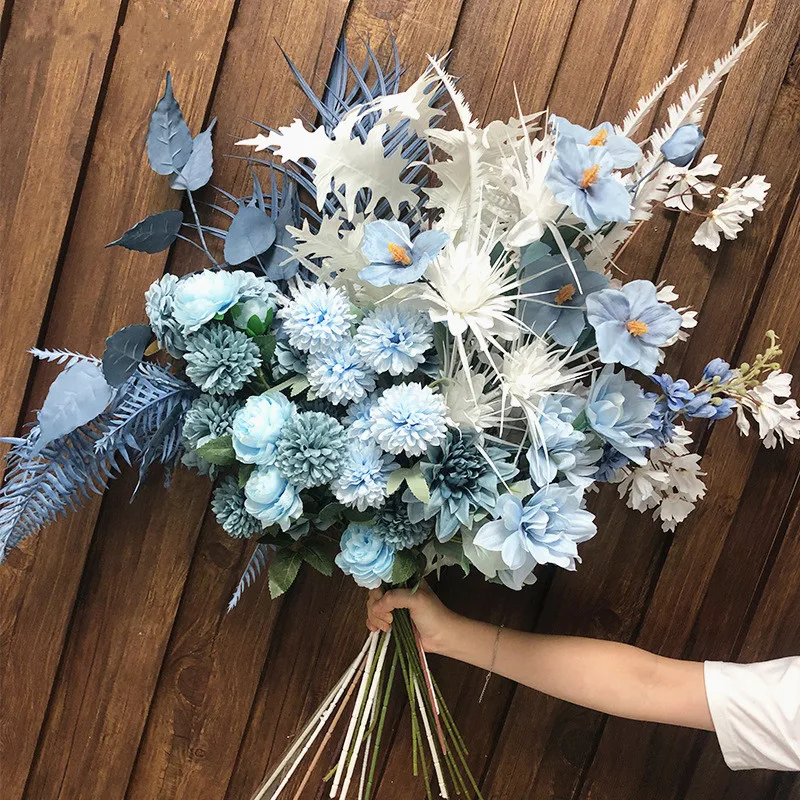 Artificial Fog blue Wedding silk Flower Plastic DIY Flower Arrangement Color Simulation Flower Christma Home House Deco Accessor