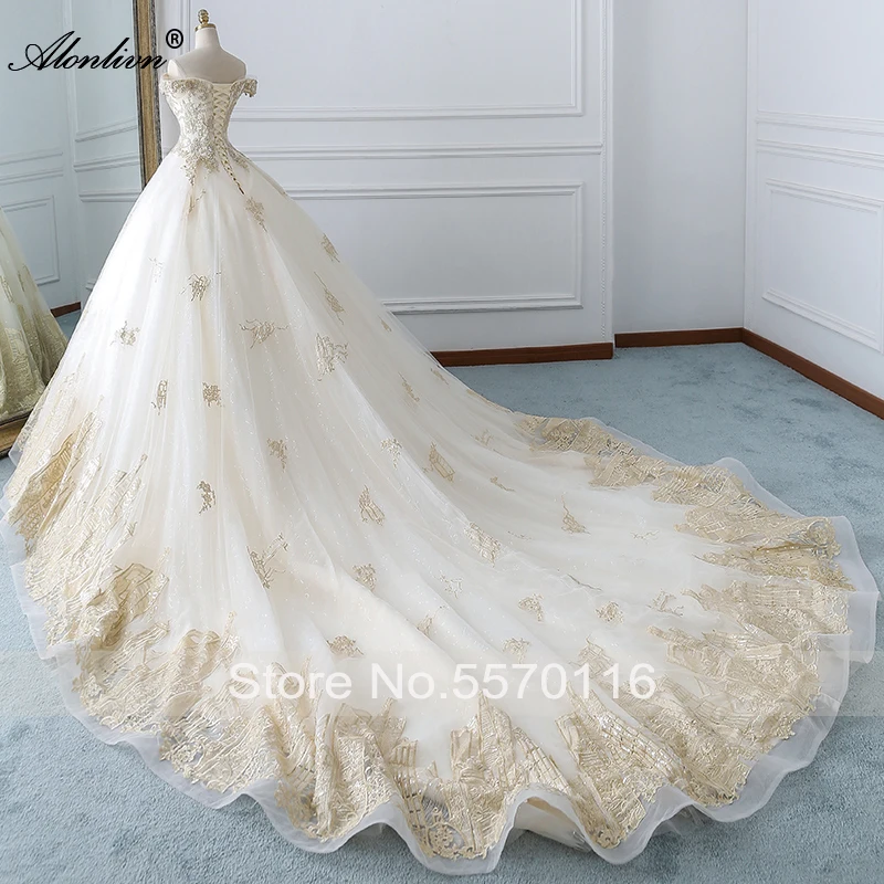 Alonlivn Real Photo Glisten Appliques Lace Beaded Pearls Wedding Dresses Lace Up Long Train Floor-Length For Brides