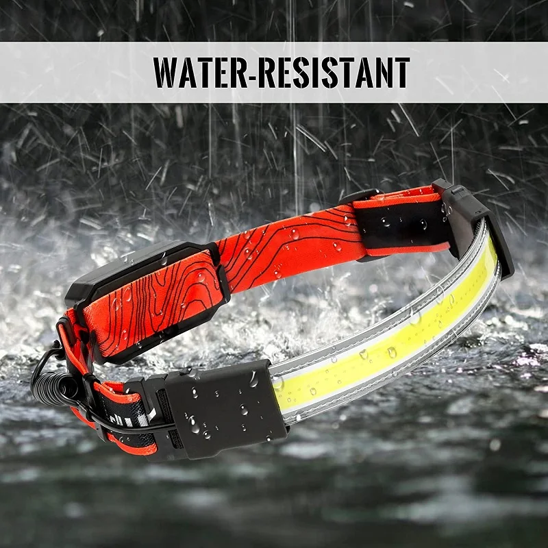 USB Rechargeable COB LED Headlamp Waterproof Headlight Head Torch Head Flashlight with Tail Red Warning Light Battery