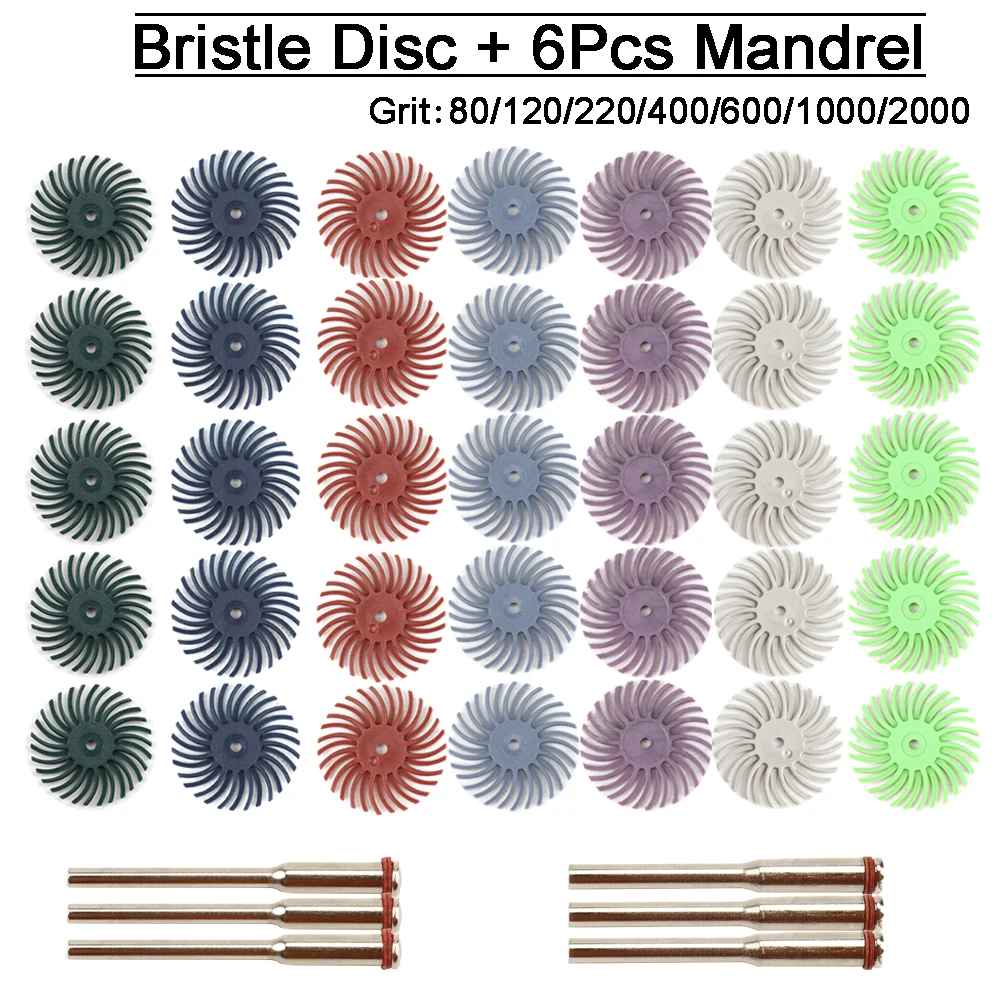 35Pcs Dremel Accessories Radial Bristle Abrasive Brush Polishing Buffing Wheel Mixed Grit with 6pcs Mandrel For Rotary Tools