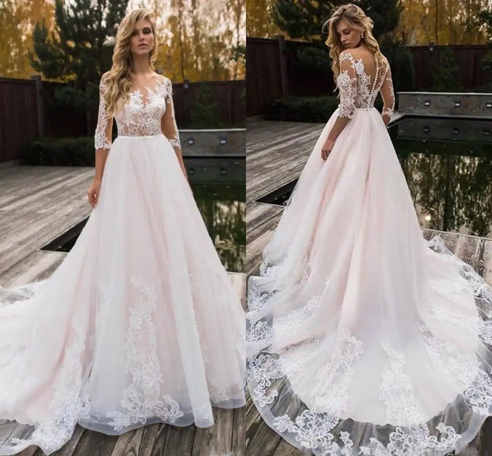 시어넥 웨딩드레스 하프 슬리브 웨딩 가운 베스티도 데 노비아 2025 레이스 브라이덜 가운 트루쥬르켄 마리아쥬 로브