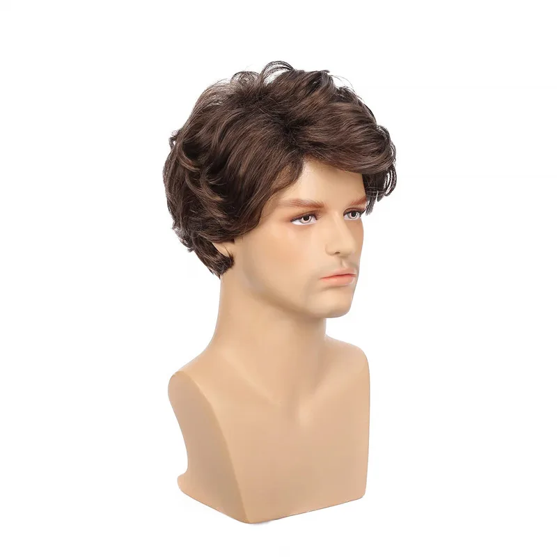 Mens Brown Short Wavy Synthetic Wig Shaggy Style Layered Cosplay Daily Male Wig Heat Resistant Fiber