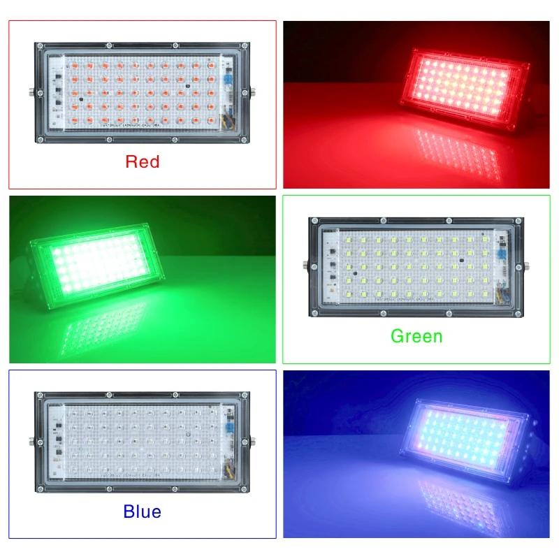 Refletor para área externa, 50w, lâmpada de led rgb, 220v ac, resistência à água ip65, refletor led, vermelho, verde, azul, iluminação de jardim