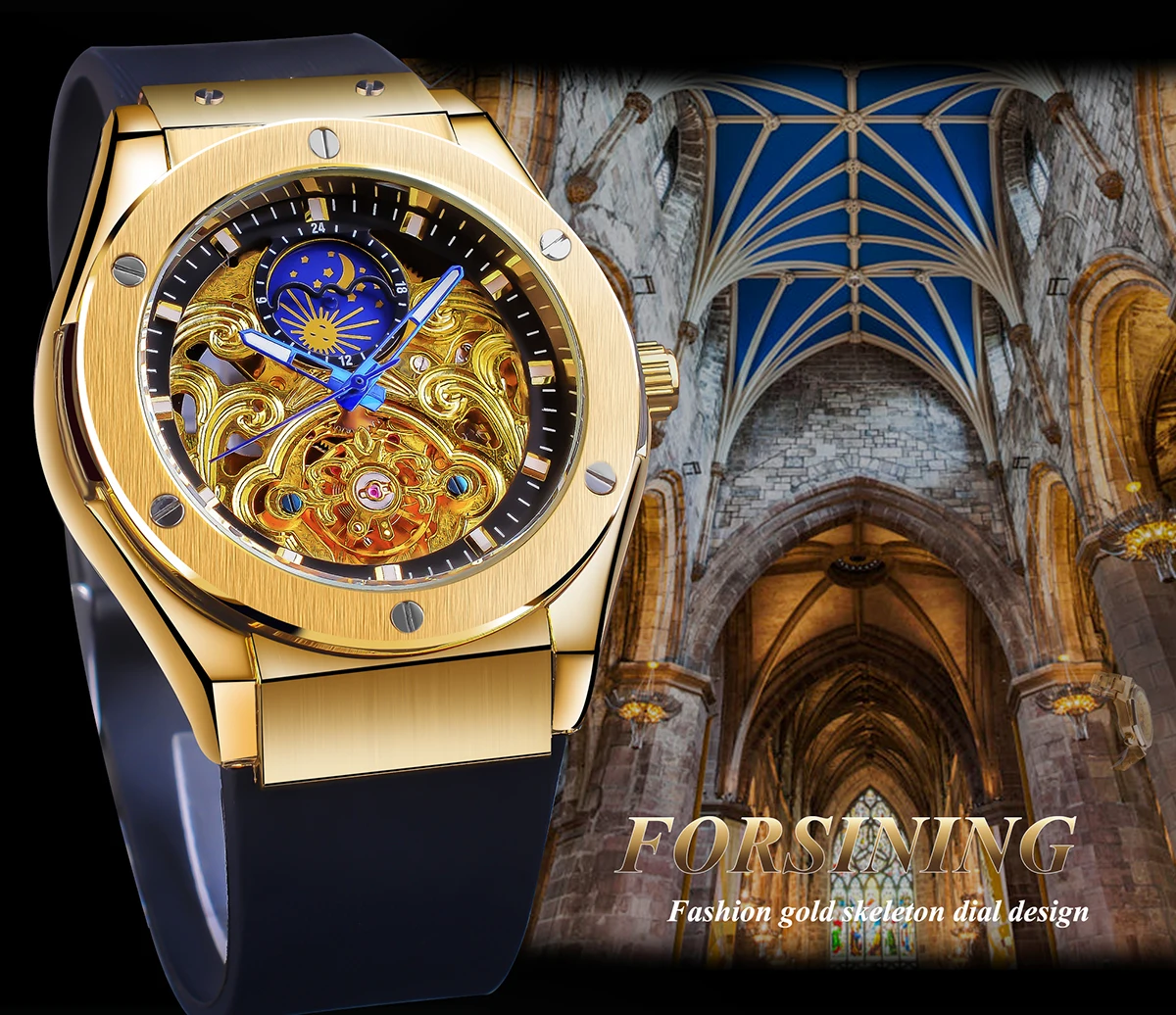 Forsining Royal Style Tourbillon Automatic Wristwatch Luxury Skeleton Mechanical Men Watch Silicone Strap Moon Pash Display Dial