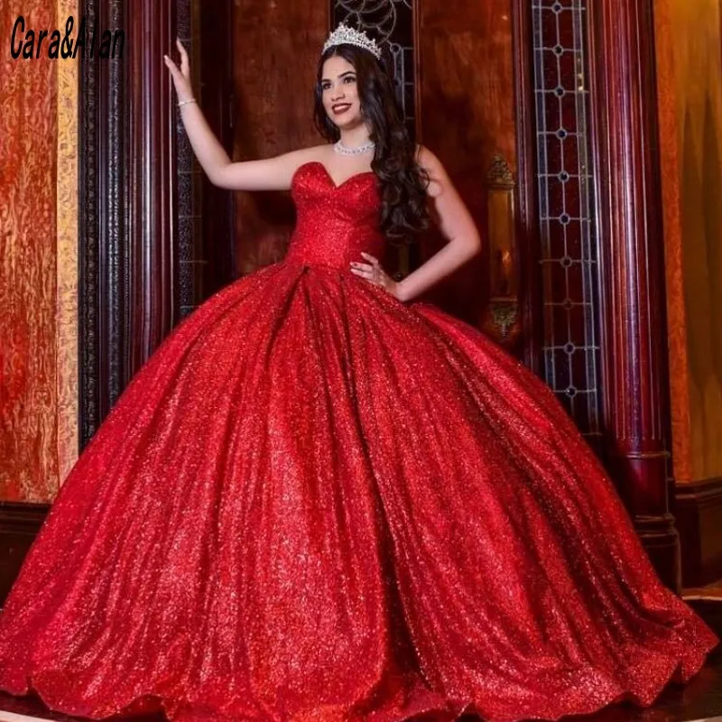 Cara & Alan-vestido de quinceañera rojo con lentejuelas para mujer, traje de baile de graduación, de 15 años, 2021