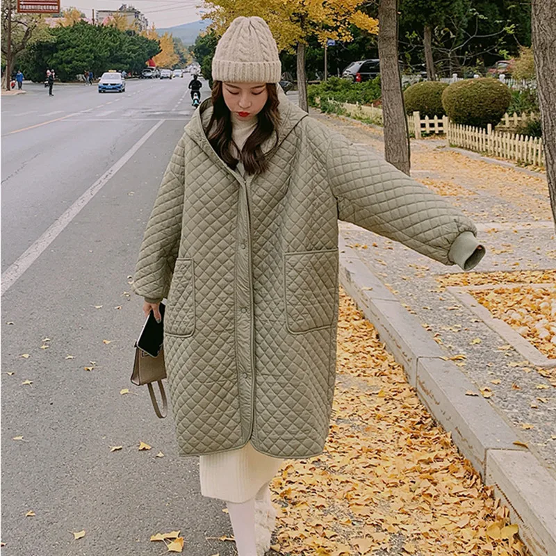 Women's Mid-Length Cotton Jacket Korean Version Loose Coat Light Solid Color Thin Single Breasted Coat Autumn and Winter Fashion