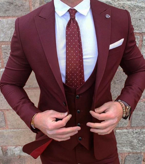 

(Jacket+Pant +vest) Burgundy Mens Suits Groom Wear Tuxedos 3 Piece Wedding Suits Groomsmen Best Man Formal Business Suit For Men